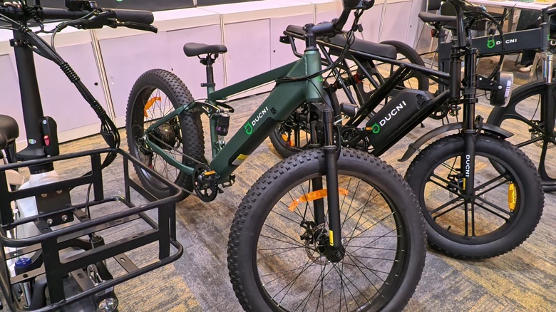 出典:私ミシェリーの撮影.廣東摩勀機車（DUCNI）ブースのe-MTB。極太タイヤと堅牢フレームの本格仕様ながら、参考価格250 USDという驚きのコスパ！